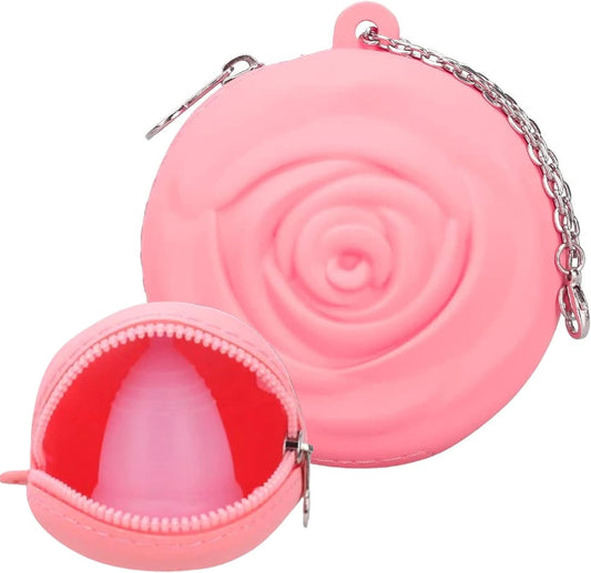 Menstrual Period Cup Case Storage Bag | Rose Design + Silicon Material | Easy to carry, clean, and use | Metal Chain attached | Multi-use for small items (Cup not included) Pink