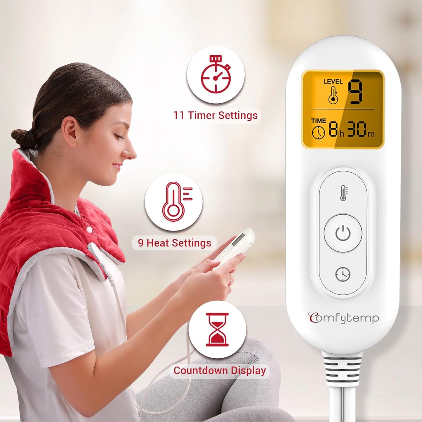 Heating Pad for Neck and Shoulders and Back, Comfytemp Weighted Electric Heat Pad for Pain Relief, 2.6lb Large Heated Wrap, 9 Heat Settings, 11 Auto-Off, Women Men Birthday Gifts Red