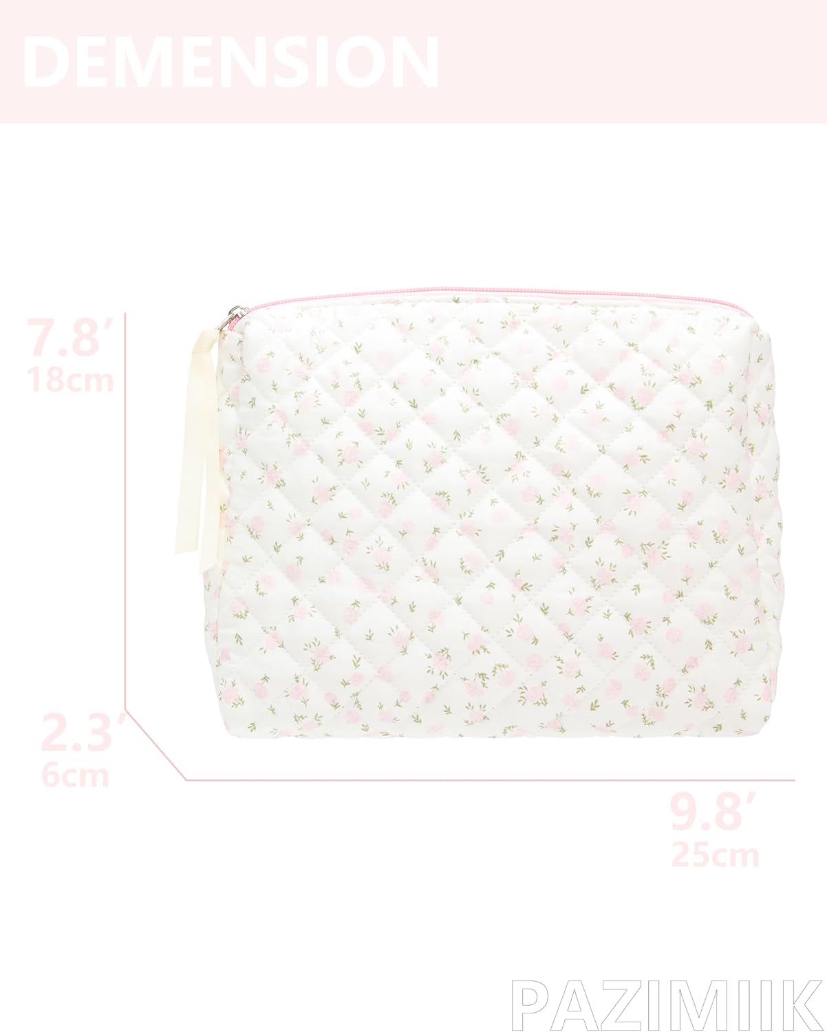 Quilted Makeup Bag Large Travel Zipper Soft Cosmetic Pouch for Women Girls Make Up,Little Flower Pink