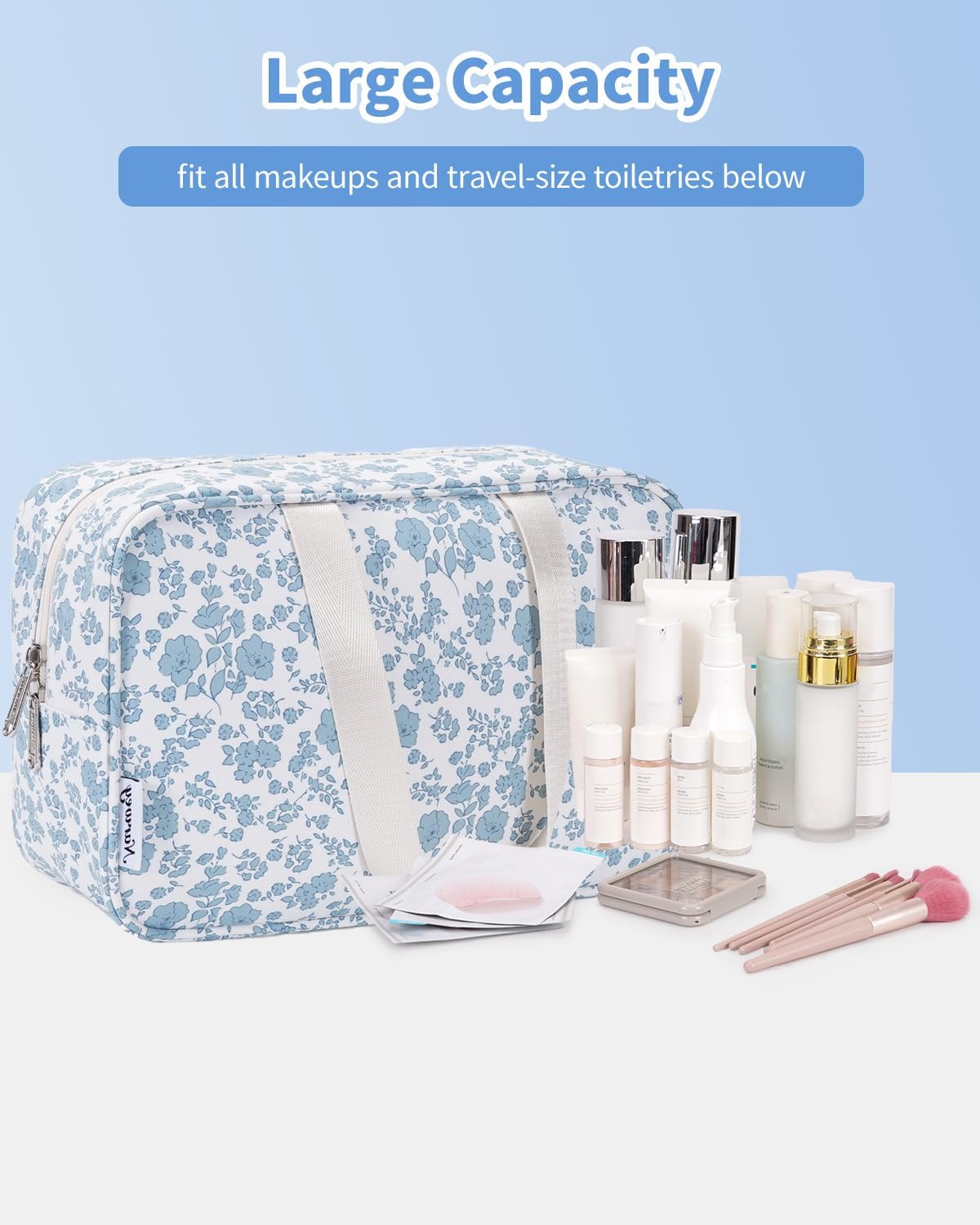 Narwey Full Size Toiletry Bag Women Large Cosmetic Bag Travel Floral Makeup Bag Organizer Medicine Bag for Toiletries Essentials Accessories (Little Blue Flower,Large)