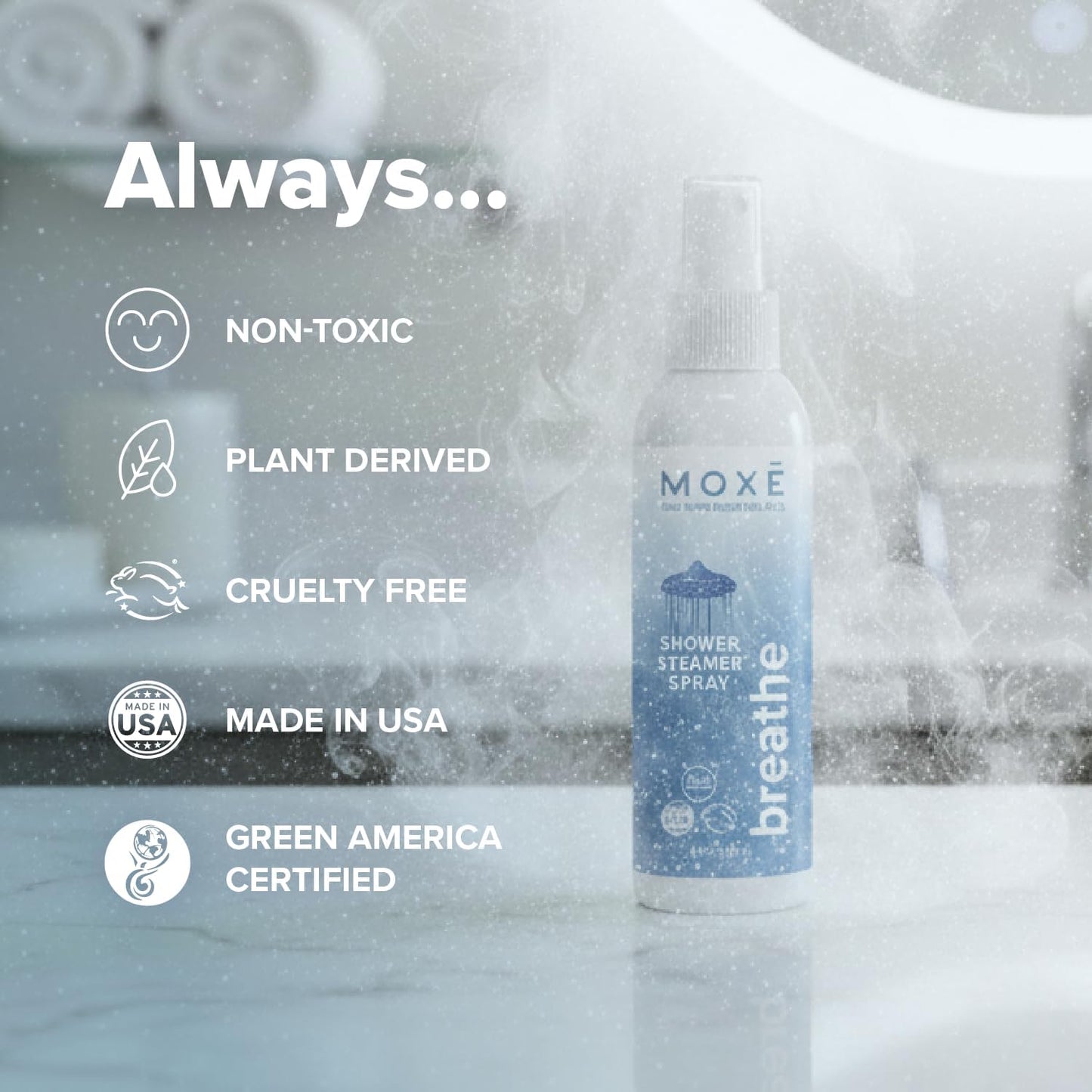 MOXE Breathe Shower Mist, Eucalyptus and Peppermint, Spa Steam Spray, Certified Natural 100% Essential Oils, Made in USA, Aromatherapy, Sinus Congestion Relief, Tension Relief, 4 Ounces (1 Pack)
