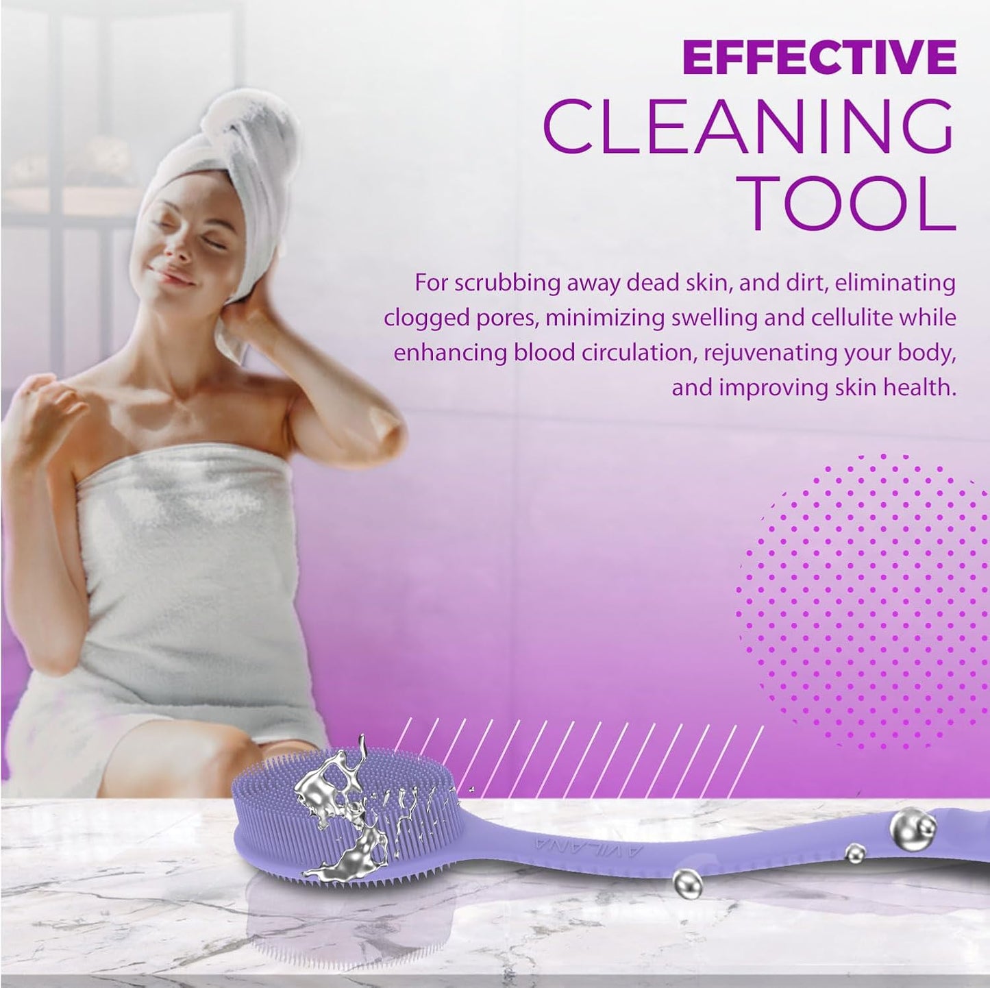 Avilana Silicone Body Scrubber - Food Grade & Lab Tested, Gentle Exfoliating Shower Brush for All Skin Types, Hygienic Quick-Dry Loofah Alternative (Dark Gray, Long Handle-Silver)