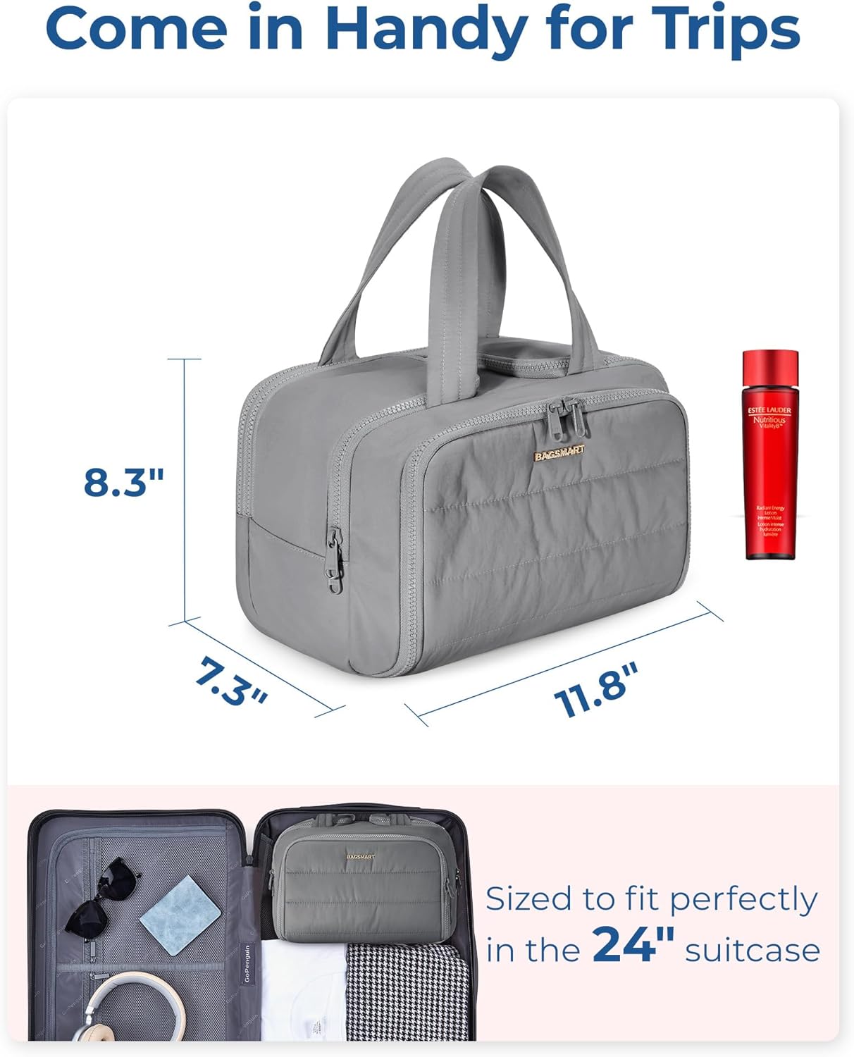 BAGSMART Travel Toiletry Bag, Lightweight Large Wide-open Travel Bag for Women, Puffy Cosmetic Makeup Bag Organizer with Handle for Accessories,Essentials, Toiletries, Grey