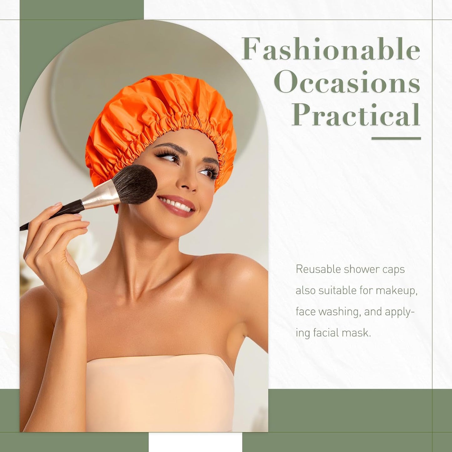 Reusable Shower Cap for Women, Large Waterproof Shower Essentials Bonnet Washable Elastic Band Bath Hair Wrap Hat for Long Hair, Braids(Orange)