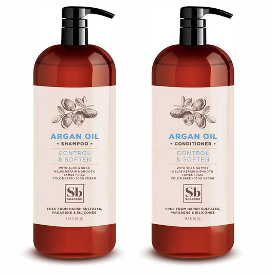 Soapbox Argan Shampoo & Conditioner Set, Volumizing, Vegan, Color Safe, Harsh Sulfate & Silicone Free, 1 Liter Each (Pack of 2)