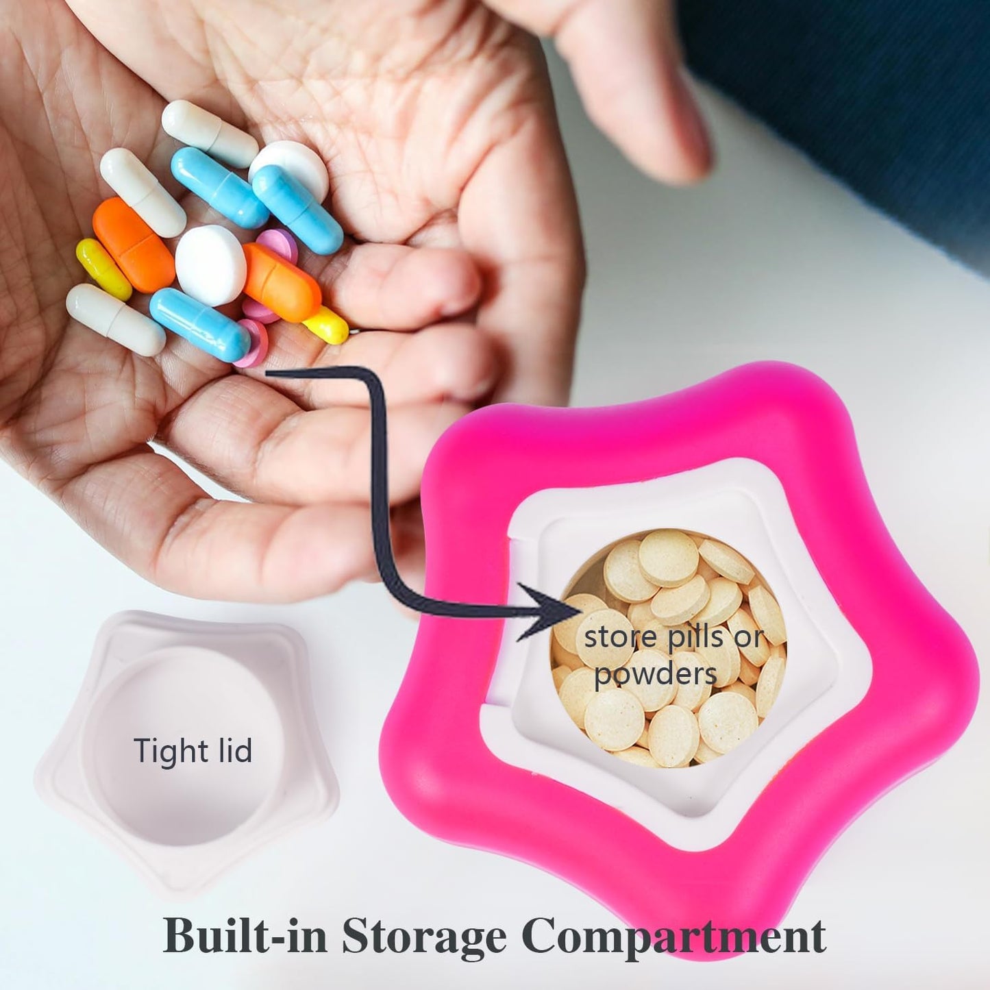 Johnbee Pill Crusher, Pill Grinder Fine Powder Extremely Fine. Storage Compartment. Pill Crushers for Elderly, Family and Pets. Silicone Edges. Grind Multiple Pills at Once - Cleaning Brush (Purple)