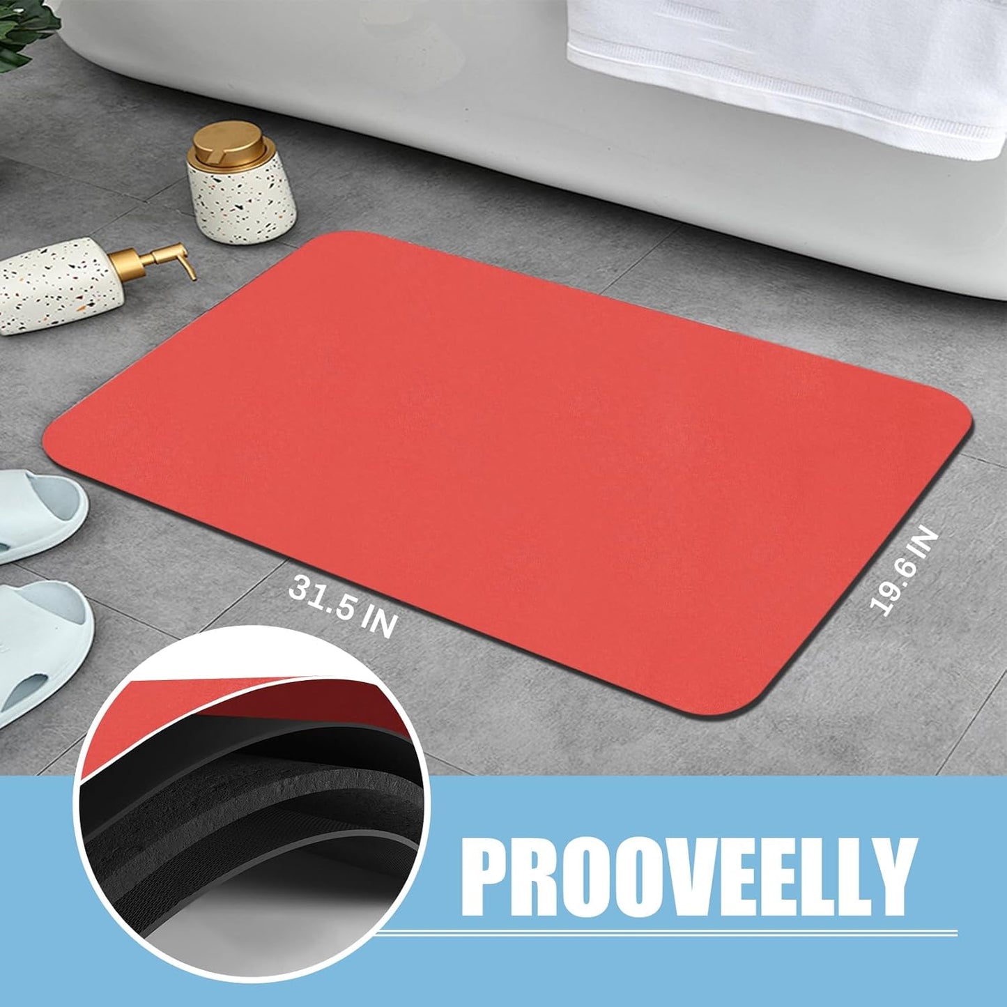 Diatomaceous Earth Bath mat Bathroom Rugs Super Absorbent Quick Dry Non Slip Bath Mat Thin Bathroom Floor Mats Fit Under Door-Shower Rug for in Front of Bathtub Shower, Red, 19.6"x31.5"
