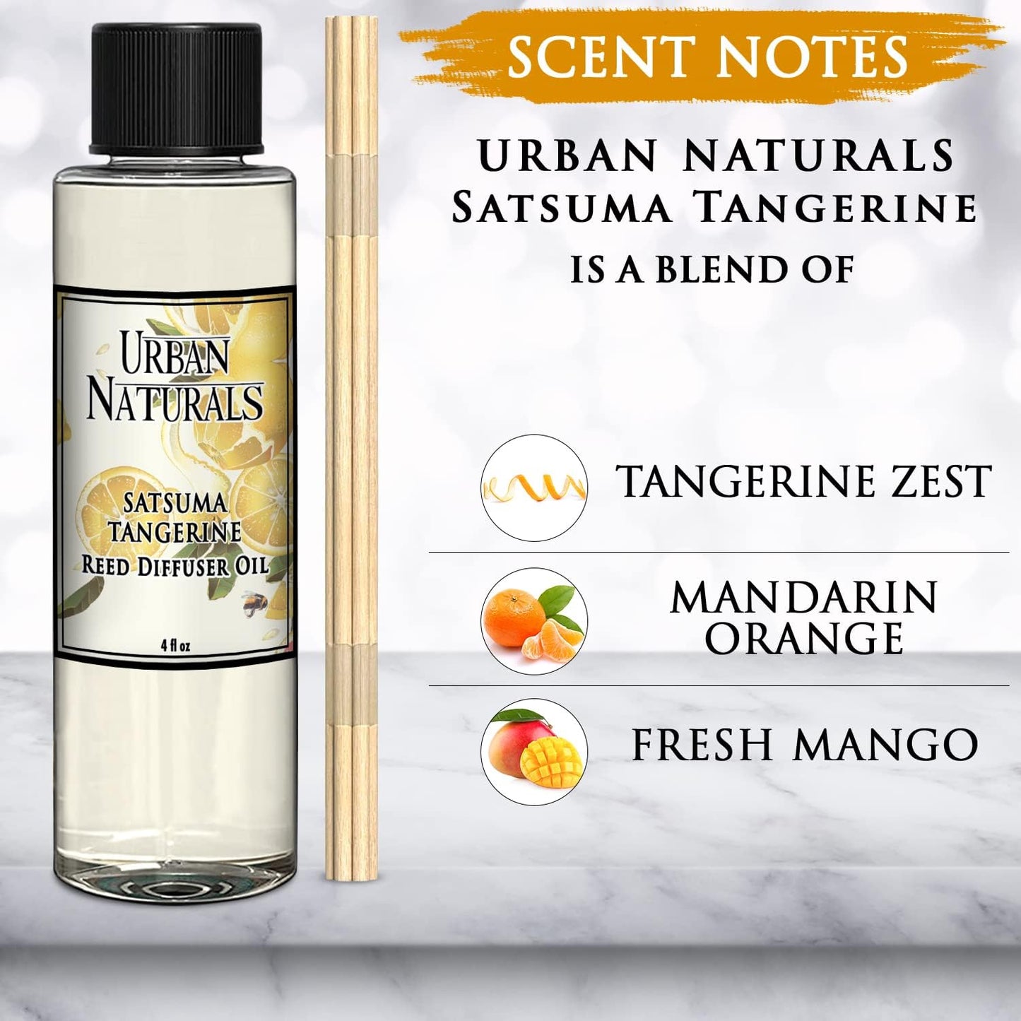 Urban Naturals Satsuma Tangerine Reed Diffuser Refill Set | Includes a Free Set of Reed Sticks! 4 oz | Long Lasting Room Scent | Great Home Gift Idea