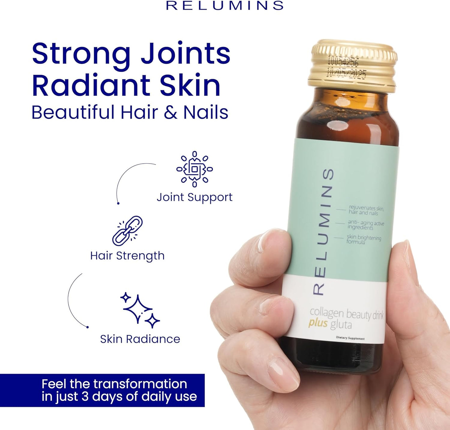 Relumins Advanced Collagen Beauty Drink with Glutathione, Hyaluronic Acid & Antioxidants - Post-Summer Skin Recovery & Made in USA - Apple Flavor - 30 Bottles x 50mL