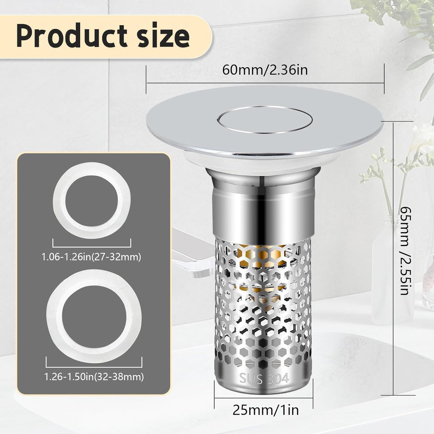 2Pack Bathroom Sink Stopper 1.06"-1.50", Universal Bathroom Sink Drain Pop Up Stopper for US Bathroom Sink Stainless Steel Floor Drain Filter, U.S. Standard Universal Drain Filter (Silver)