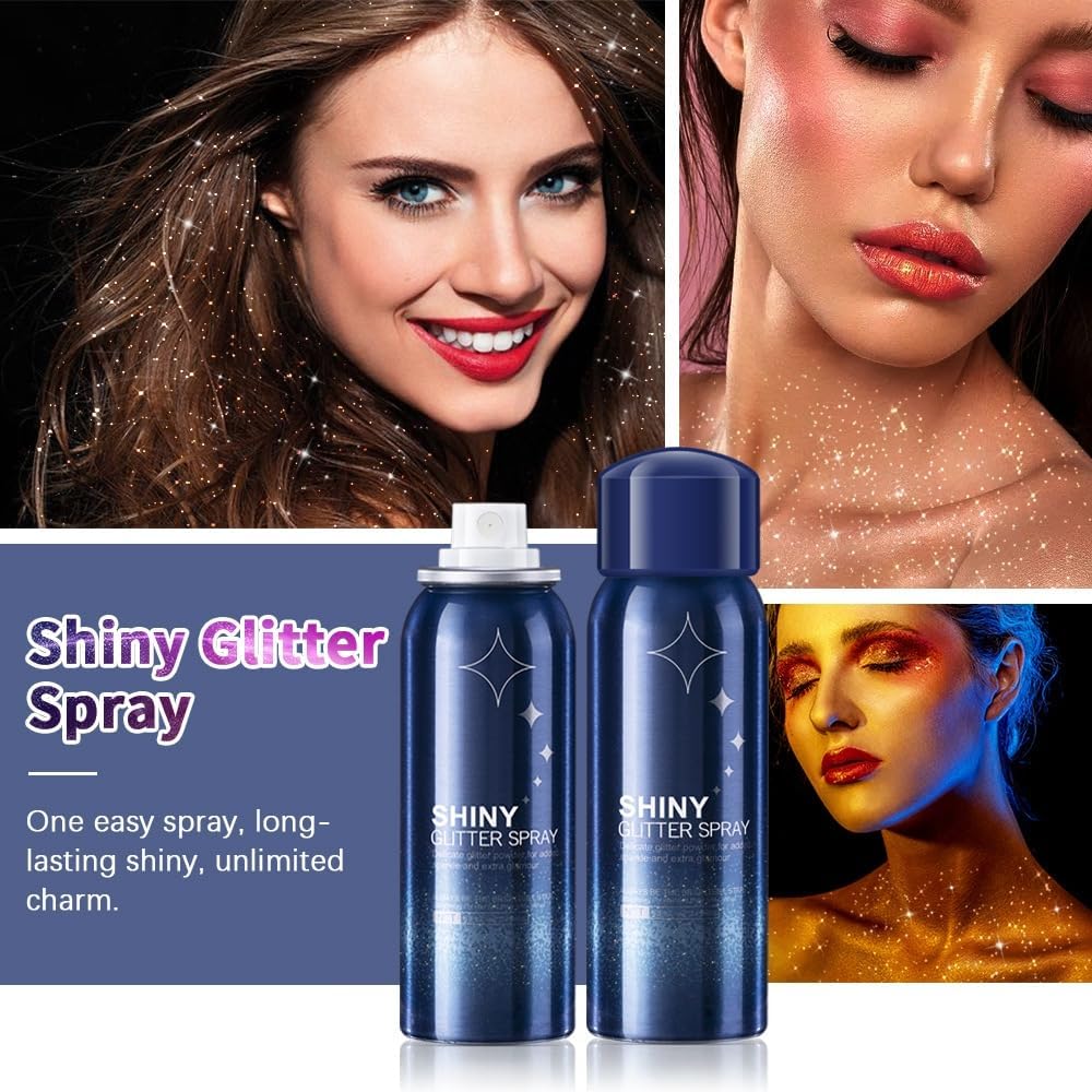 Body Glitter Spray, Perfect Body Shiny for Music Festival Rave Stage Makeup Hair and Face Shimmer Glitter Spray. 2.11 Oz