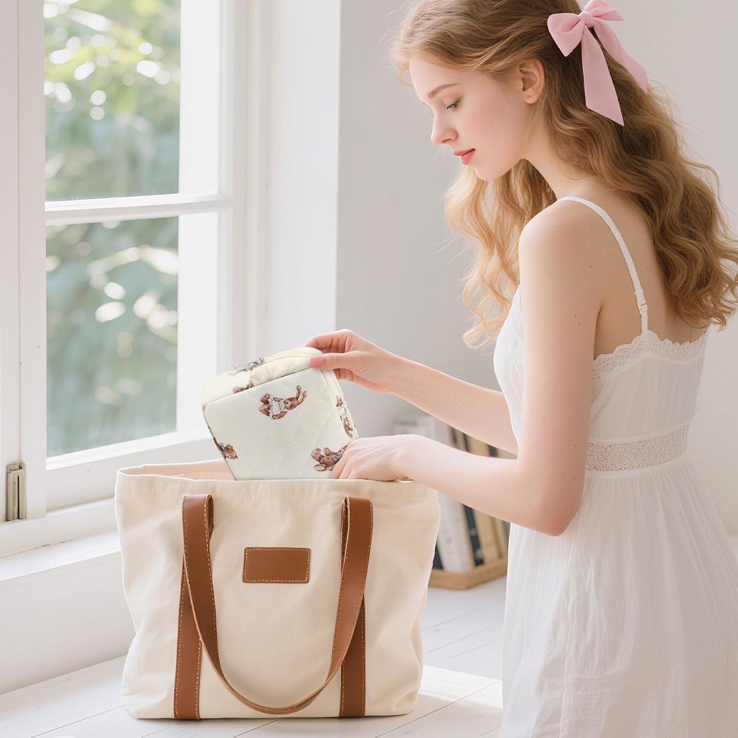 Small Quilted Cotton Makeup Bag for Purse Mini Cosmetic Period Bag for Women Cute Small Bear Makeup Sanitary Pouch Portable Travel Toiletry Bags with Zipper Slip in Pockets Birthday Gifts