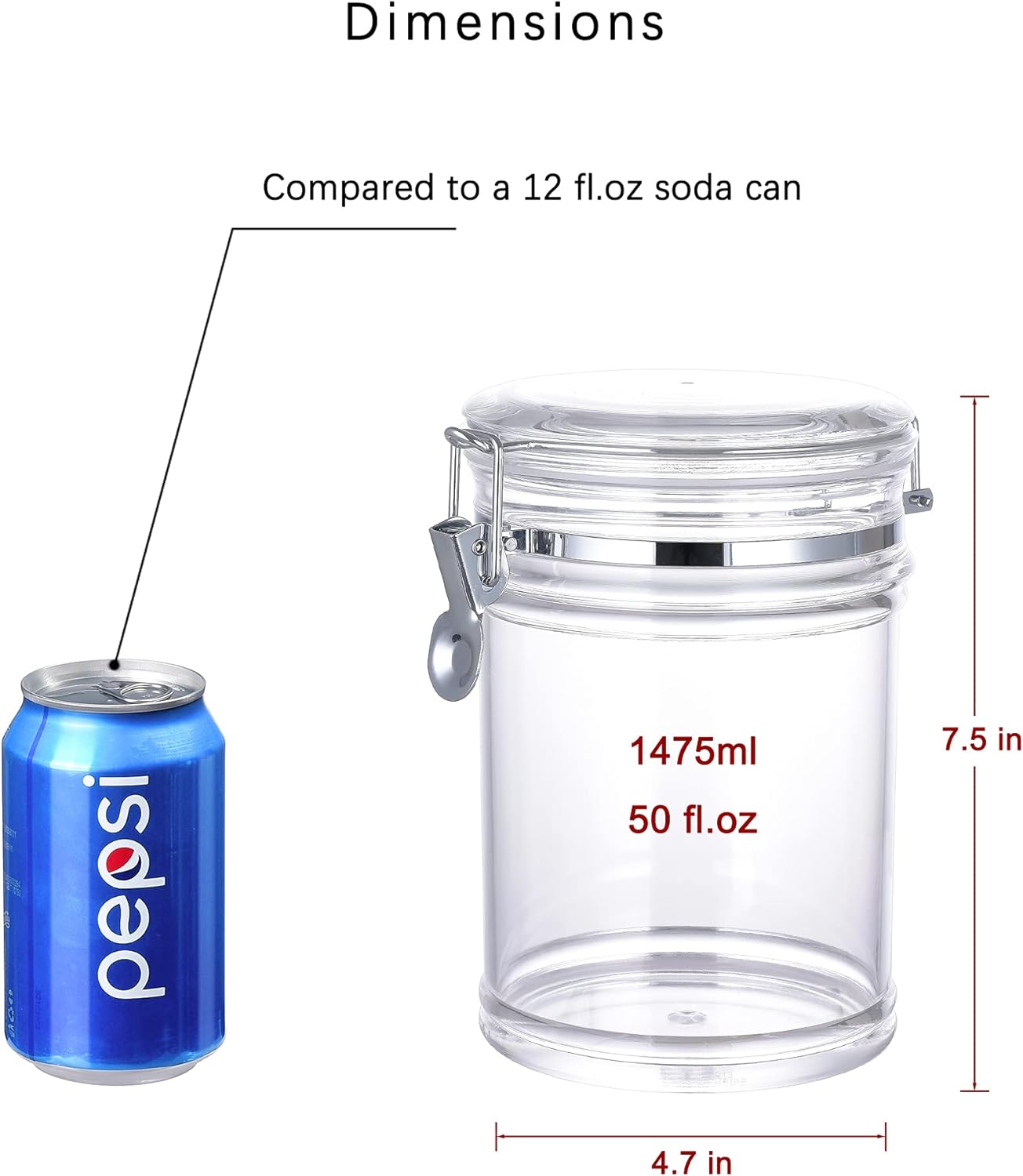 50 oz Reinforced Medium Acrylic Canister with Locking Clamp, Airtight Flip Jar | Food Storage Container for Flour, Sugar, Coffee, Candy, Cookie etc