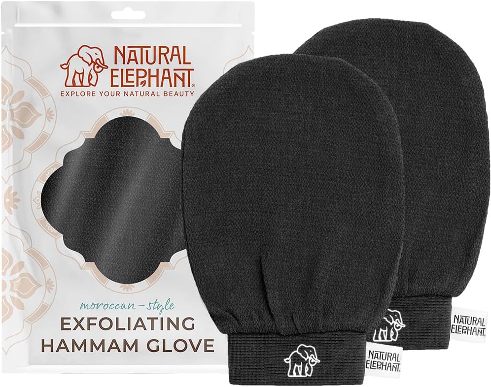 Natural Elephant Exfoliating Hammam Glove | Authentic Moroccan Kessa Body Scrub Mitt for Spa-Quality Skin Renewal | Pure Black 2 Pack