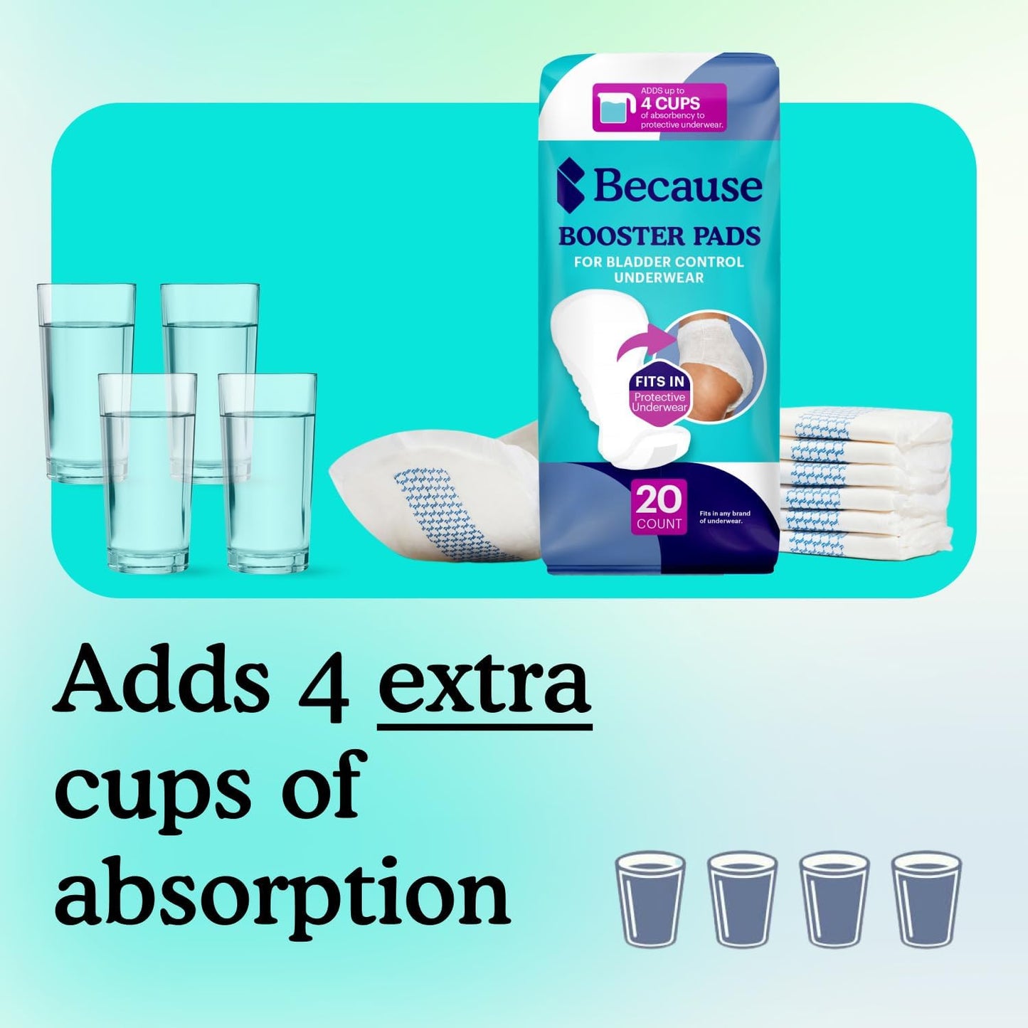 Because Overnight Incontinence Booster Pads for Men and Women, Adds 4 Cups Extra Absorbency to Adult Diapers, Super Soft, Adhesive Strip Backing, Unisex, 180 Count (9 Packs of 20) (Packaging May Vary)