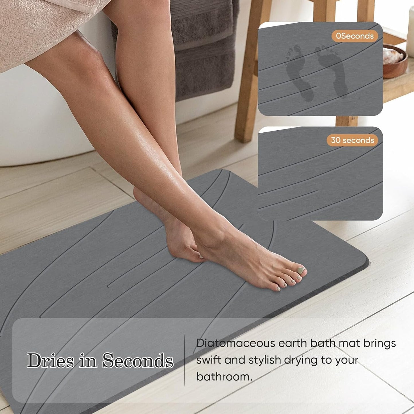 Stone Bath Mat Diatomaceous Earth Shower Mat Non-Slip Super Absorbent Bathroom Floor Mat Quick Drying Natural Easy to Clean(24 * 16 Grey)
