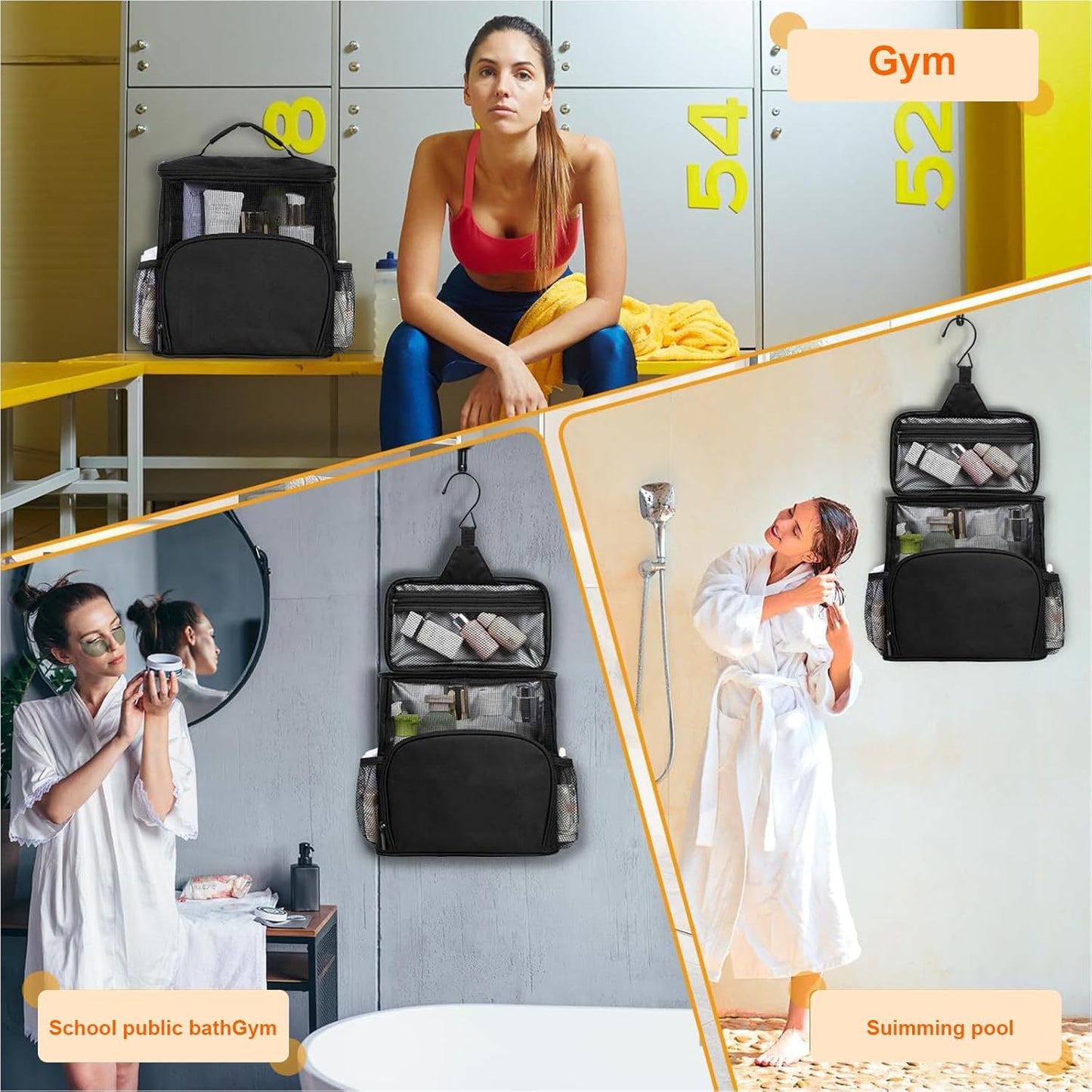 Shower Caddy Hanging Portable-Dorm Room Essentials,Waterproof Shower Bag Travel, Quick Dry- Metal Hooks Bathroom Tote Durable,Men,Women