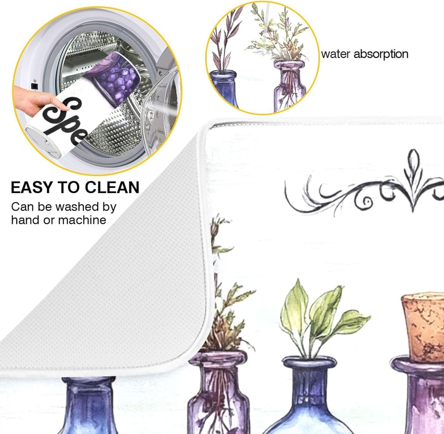 Halloween Potions Dish Drying Mat for Kitchen Countertop 18x24 Witch Herbs Purple Spooky Large Drying Mat Reusable Quick Dry Dish Sink Mats Easy Clean Decorative Essentials