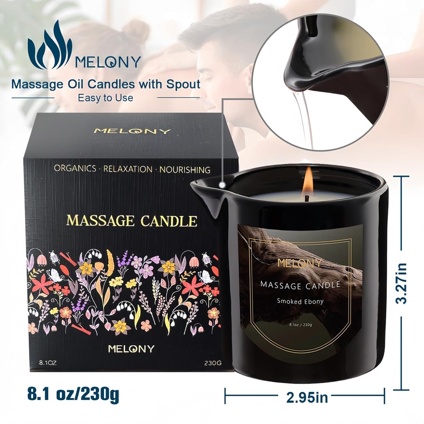 MELONY Luxury Massage Candle - Moisturising, Body Oil Candles for Muscle Relaxation, Home Spa, 8.1OZ (Smoked Ebony)