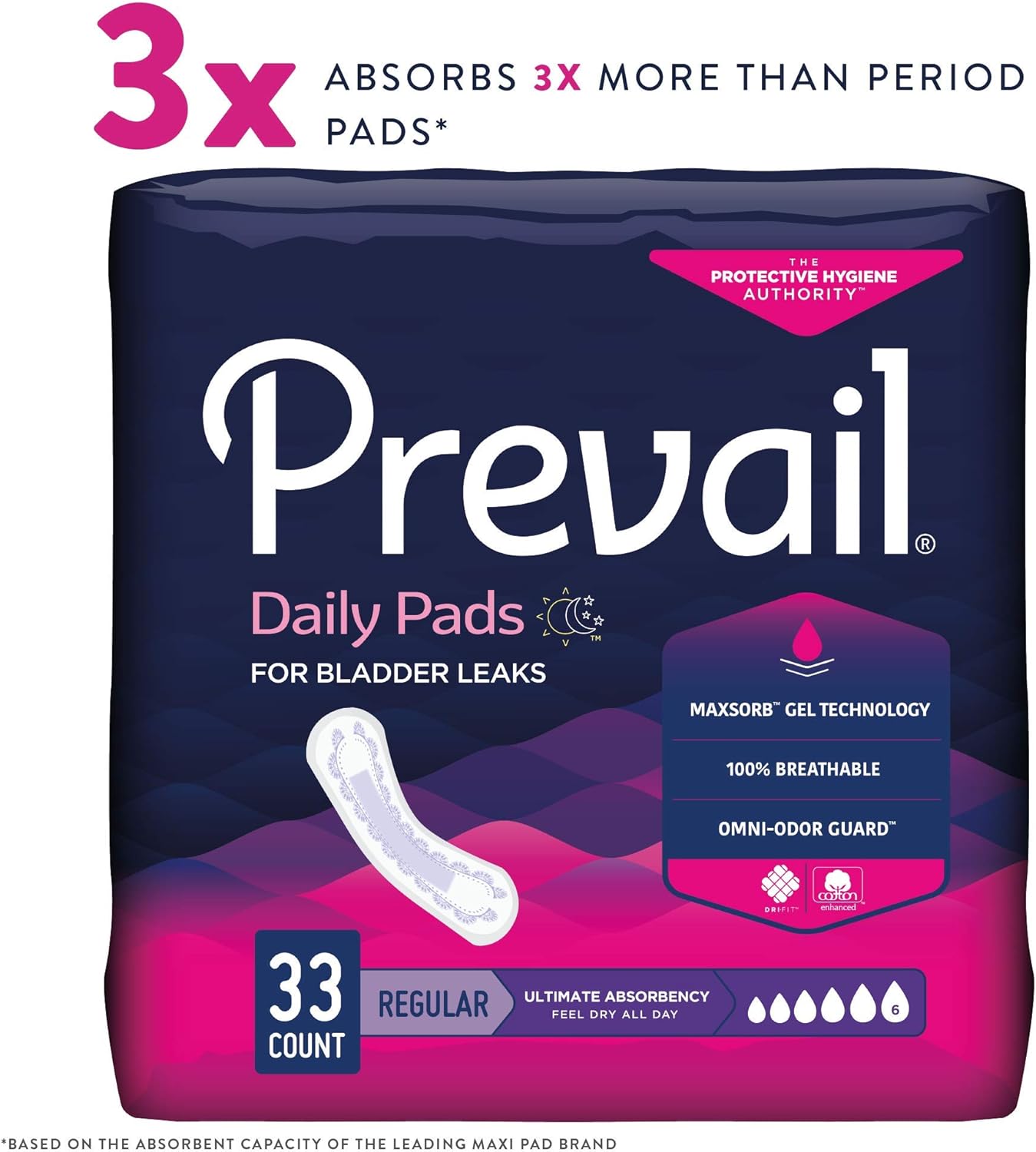 Prevail Ultimate Absorbency Incontinence Bladder Control Pads for Women, Regular Length, 33 Count