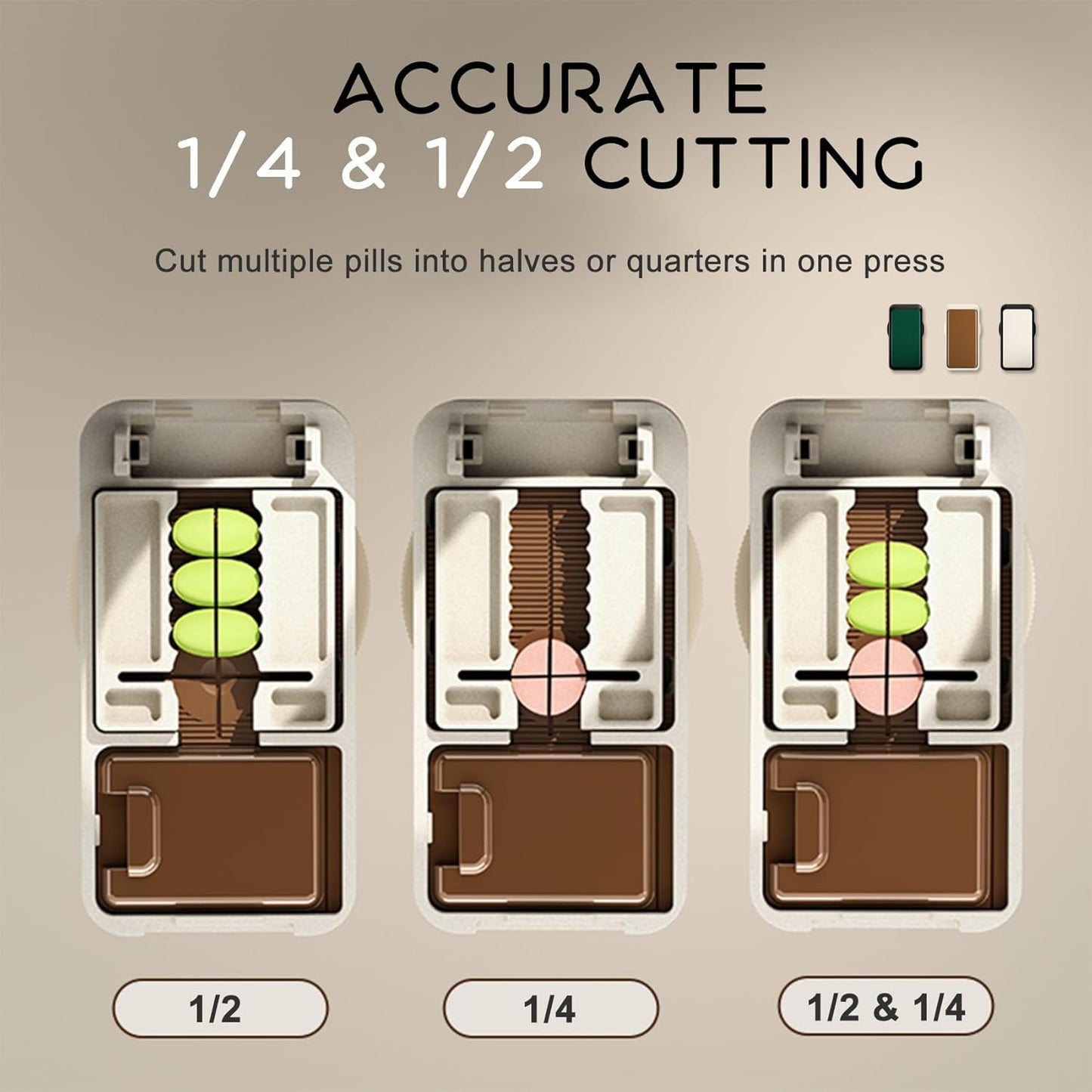 Pill Cutter - 1/4 & 1/2 Pill Splitter for Small Tiny Large Pills Professional | Hidden Blade & Sealed Storage | Adjustable & Cuts Multiple Tablets | Includes Cleaning Brush (Brown)