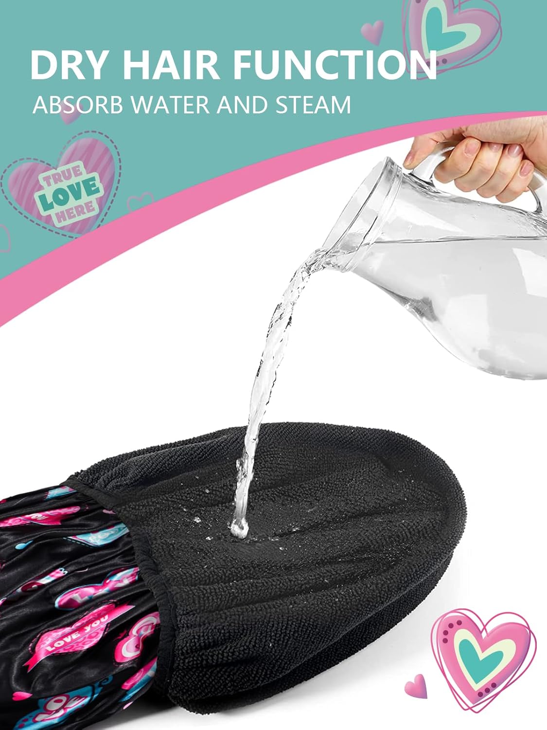 Years calm Terry Lined Shower Cap, Triple Layer Heart Motifs,Waterproof Reusable Elastic,Hair Shower Cap for Women,Terry Cloth Shower Caps for Spa,Clean,Trave (Black, One Size)