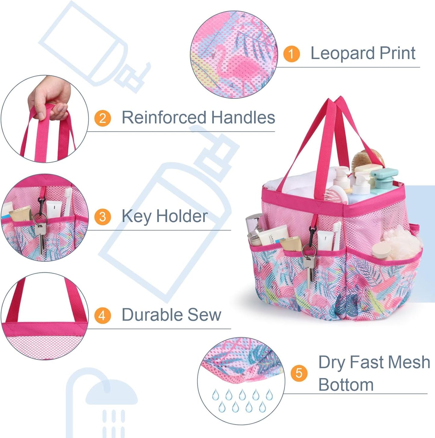 F-color Shower Caddy Portable - Mesh Shower Bag Basket Tote for College Dorm Room Essentials Bathroom Gym Camp Quick Dry for Women Men with S Hook, Pink Flamingo