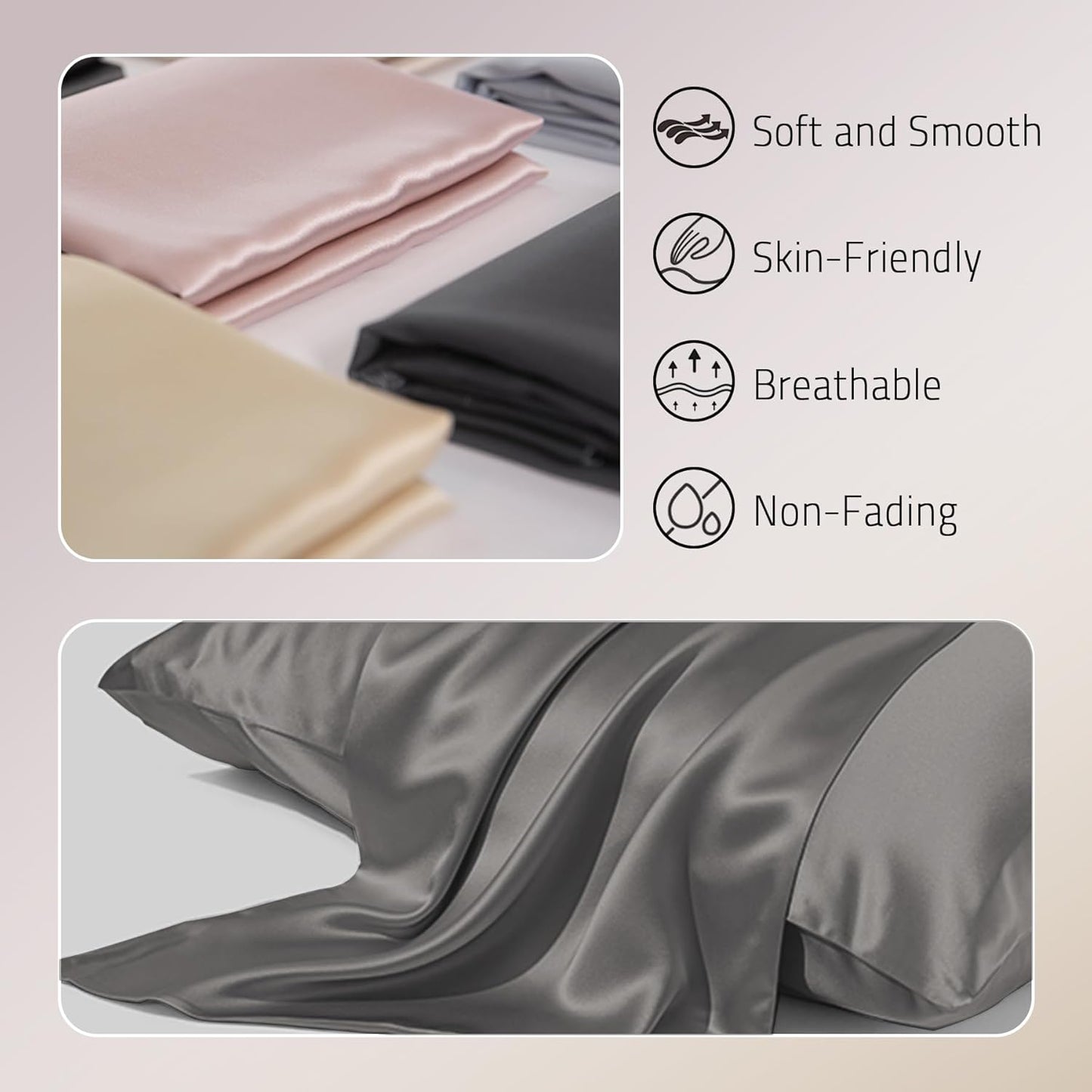 Mulberry Silk Pillowcases Set of 2, Both Sides Real Silk Pillow Covers for Hair and Skin Prevent Acne Pillowcase Organic Silk Pillowcase 2 Pack with Hidden Zipper, Grey, King (20"×36")