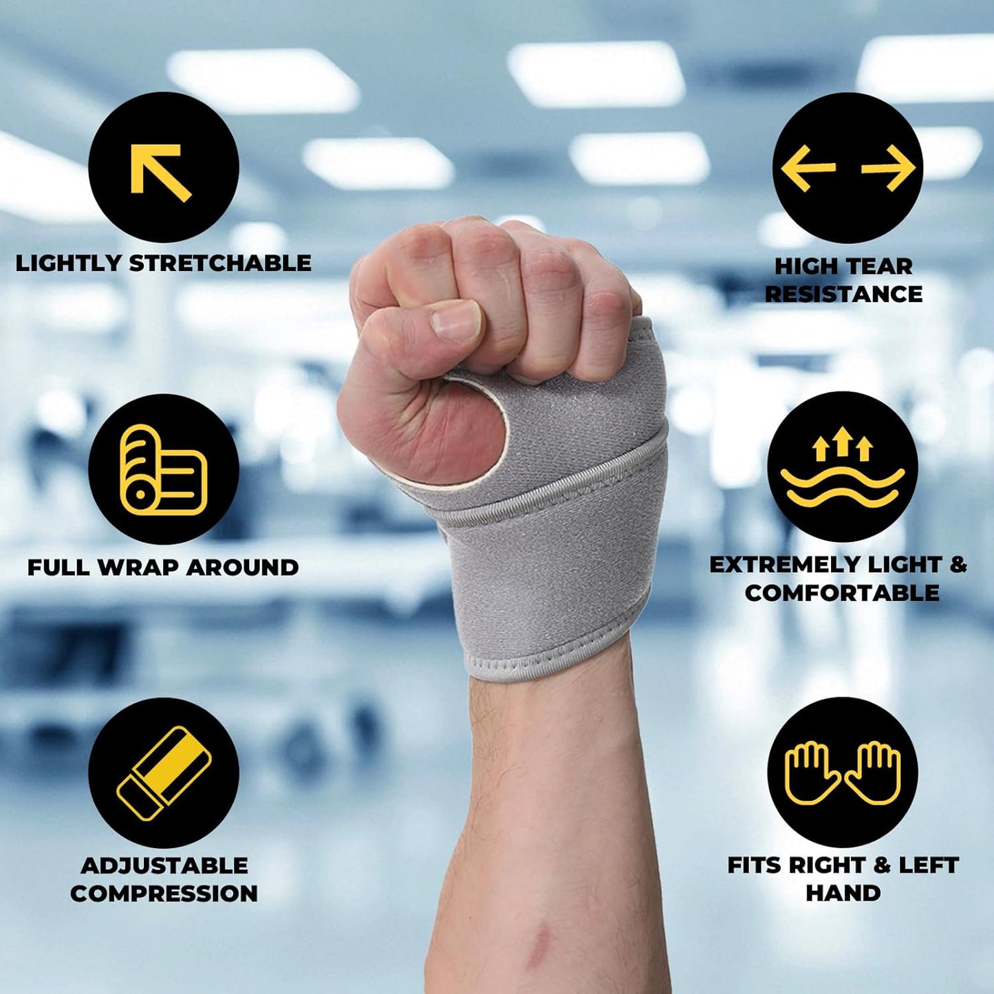 NeoTech Care Wrist Band - Elastic & Breathable Fabric - Adjustable Compression Strap - Men, Women, Right or Left - Support Wrap for Protection or Sports (Gray Color, Size L, 1 Pair)