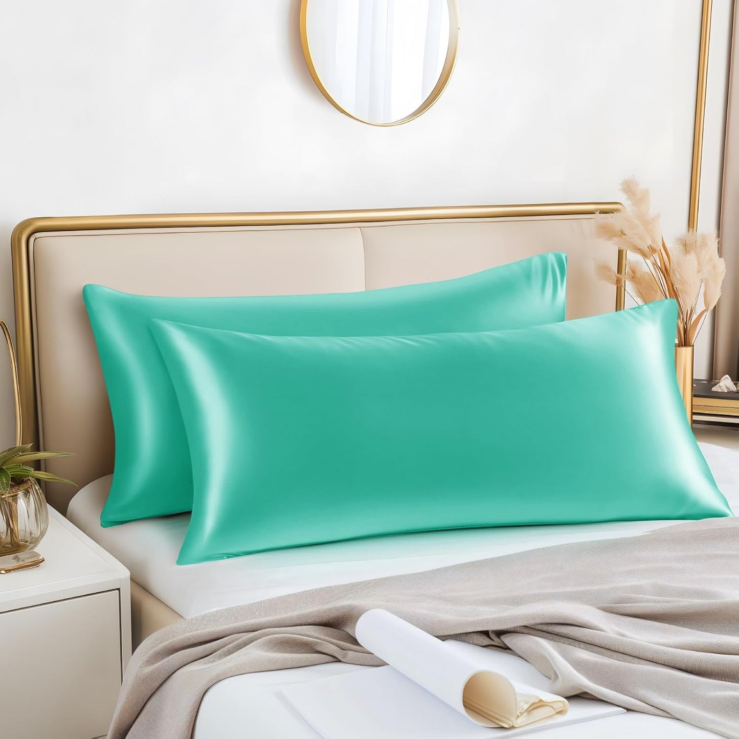 BEDELITE Satin Body Pillow Cover 2 Pack, Super Soft and Cooling Body Pillow Pillowcase for Hair and Skin, Breathable Silky Full Long Pillowcase Cover(20"x54", Turquoise)