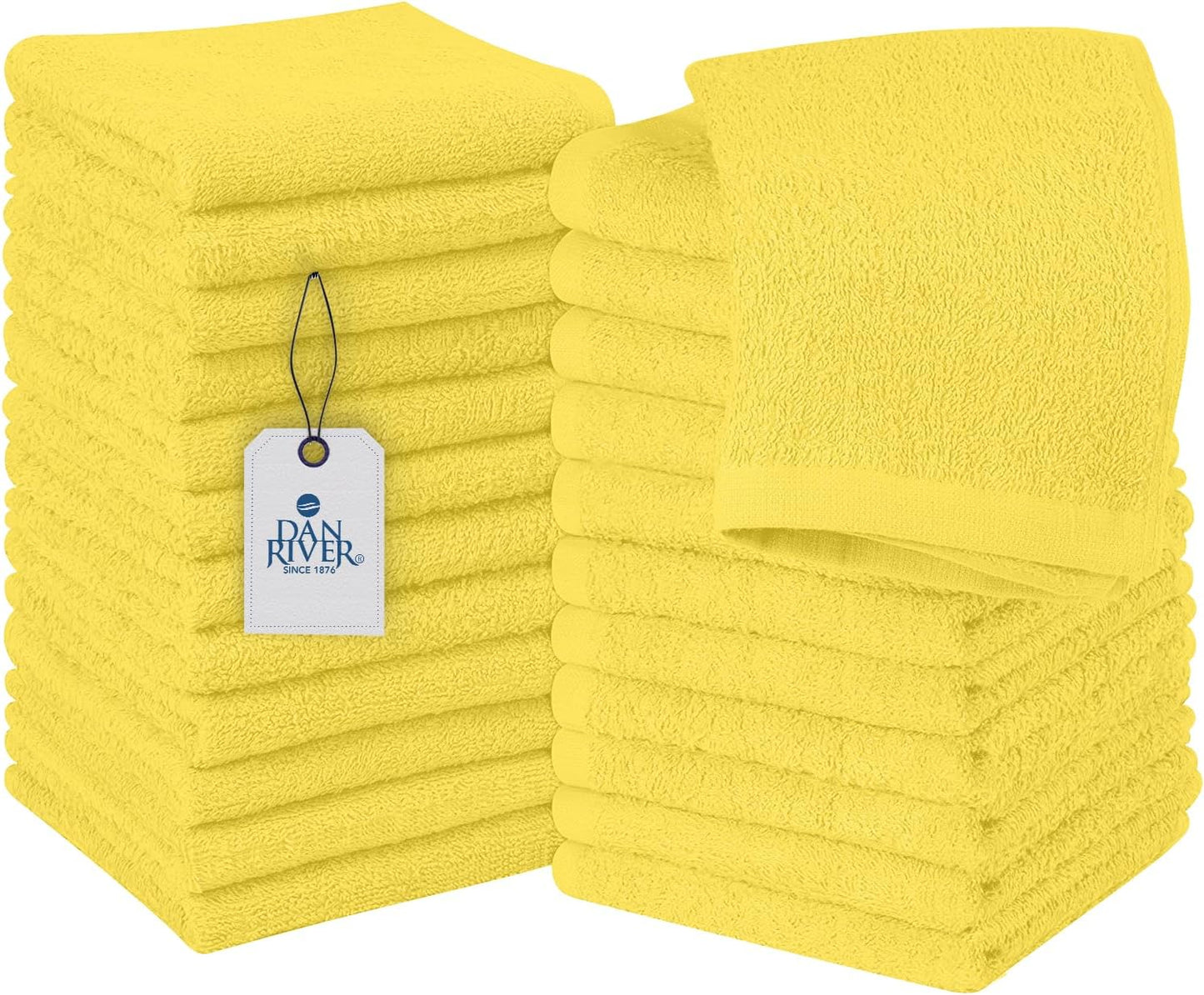 DAN RIVER 100% Cotton Wash Cloths 24 Pack [12x12] Soft & Absorbent Bath Cloths, Gym, Hotels & Spa Perfect for Everyday Use Fingertip Towels, Yellow