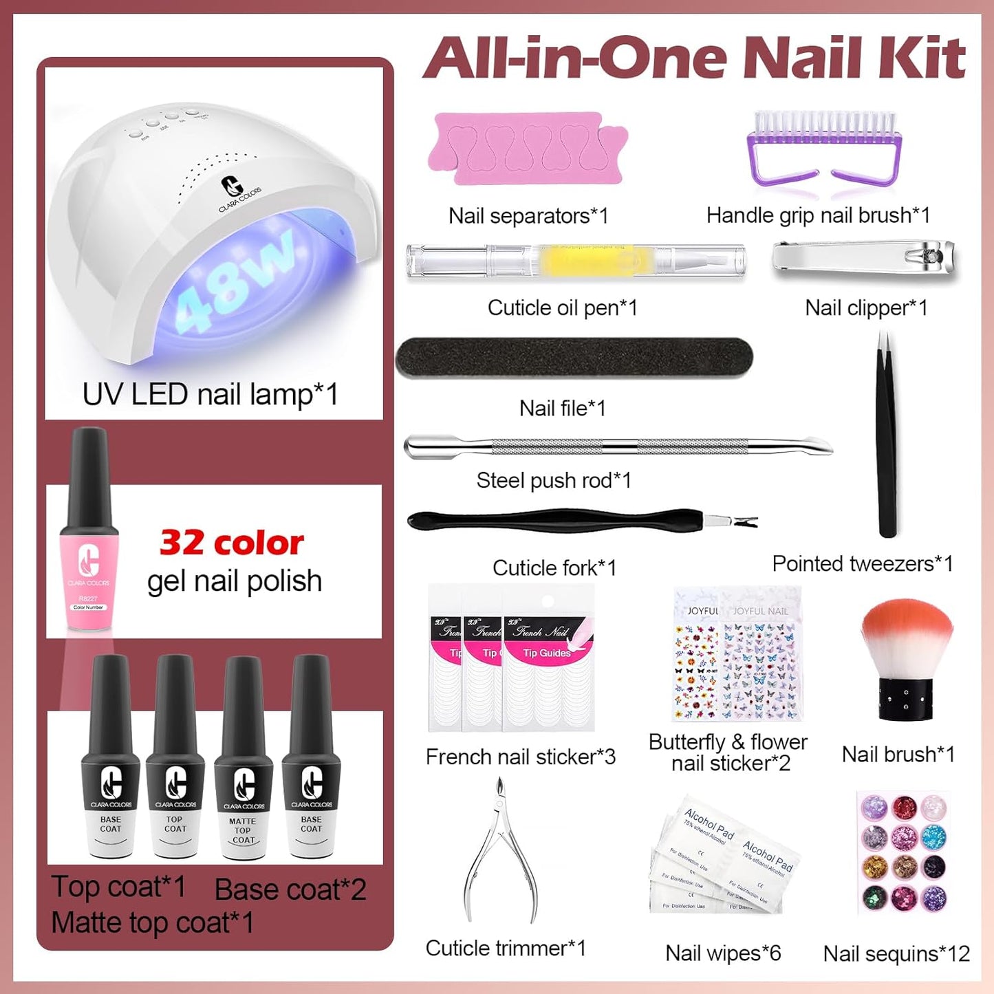 Clara Colors 32 Colors 14ml Gel Nail Polish Kit, All In One Gel Polish Set with Base Matte Glossy Top Coat Tools Nails Art Decorations Salon Gel Polish Starter Kit Full Cover Natural