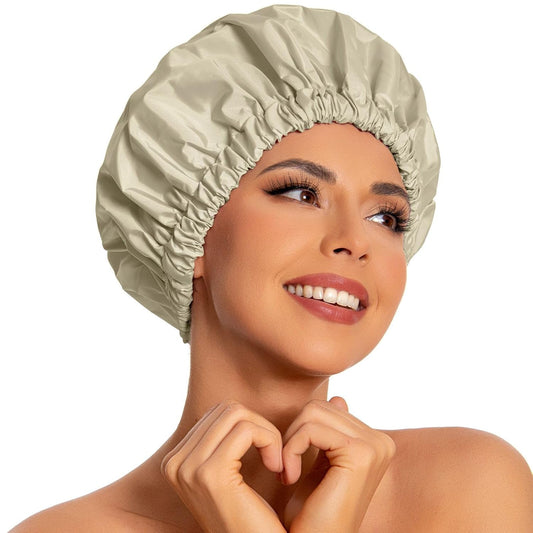 Reusable Shower Cap for Women, Large Waterproof Shower Essentials Bonnet Washable Elastic Band Bath Hair Wrap Hat for Long Hair, Braids(Gray Yellow)