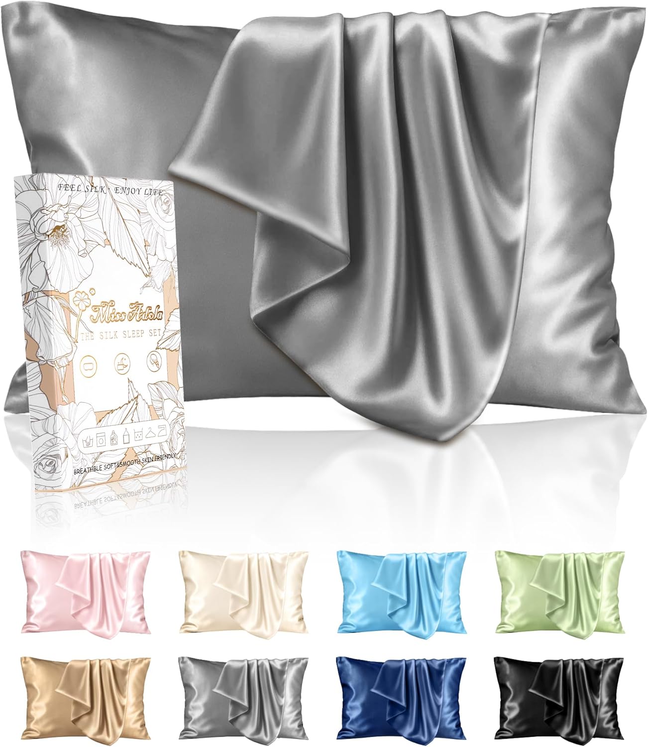 Silk Pillowcase 2 Pack - Pillow Cases Queen Set of 2 Size 20" x 30" for Hair and Skin Smooth Soft Breathable with Hidden Zipper Cooling Pillow Covers for Women, Light Grey