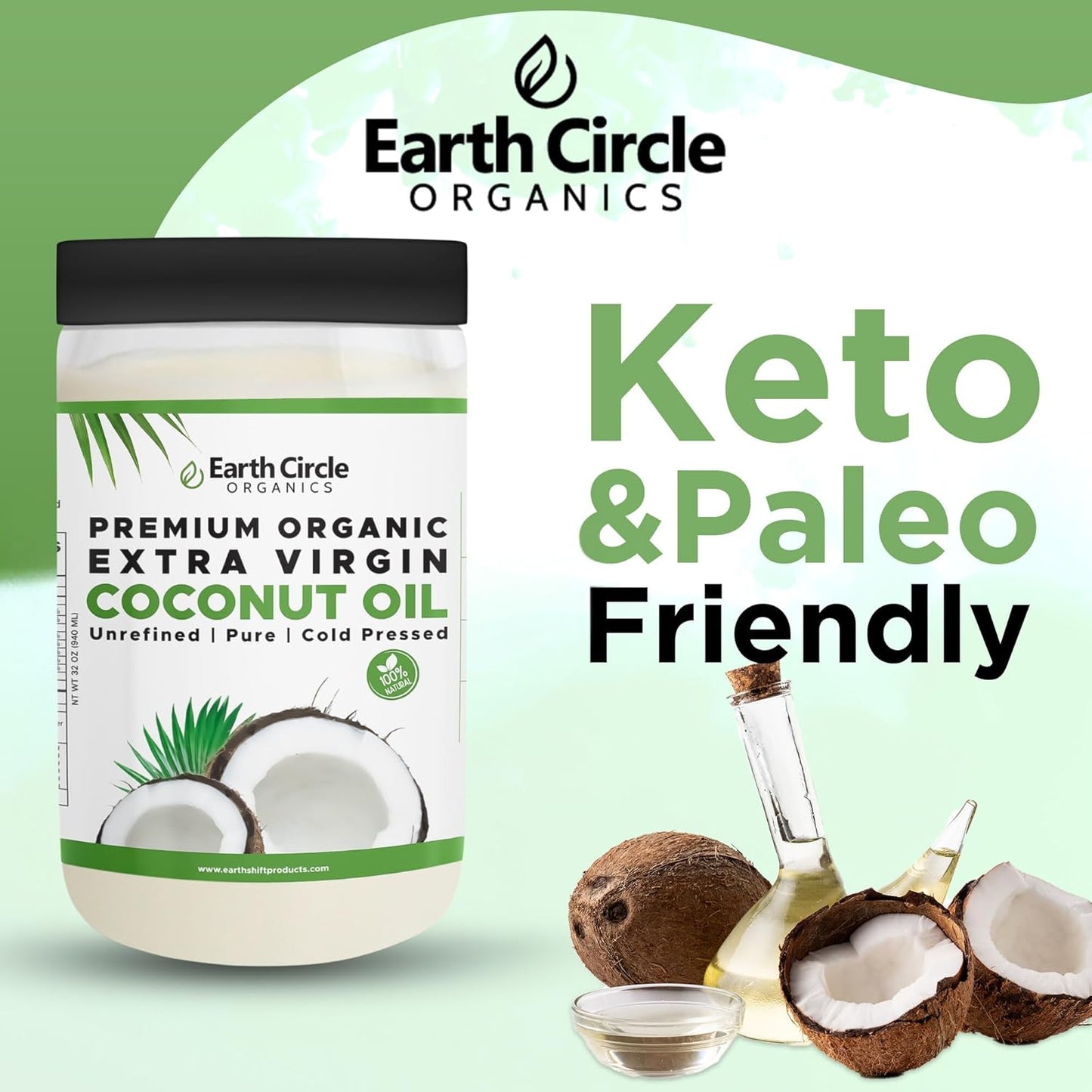 Earth Circle Organics Premium Ultra Pure Extra Virgin Coconut Oil, Cold Pressed, Baking, Smoothies, Skin & Hair Care, Gluten-Free, Keto & Paleo Friendly (32 Ounce Unrefined) - Pack of 2