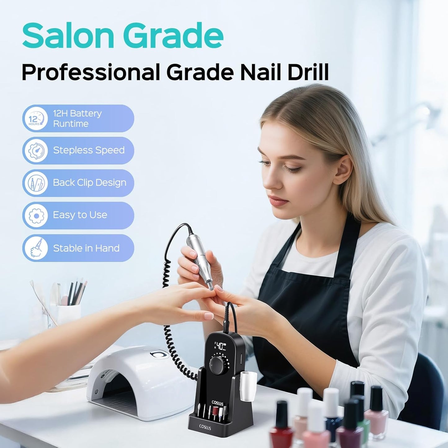 COSLUS Professional Rechargeable Electric Nail Drill 40000 RPM, Portable Nail File with Storage Stand for Acrylic Gel Polishing Removing - Easy to Use for Women, Manicure at Home DIY or Salon, Black