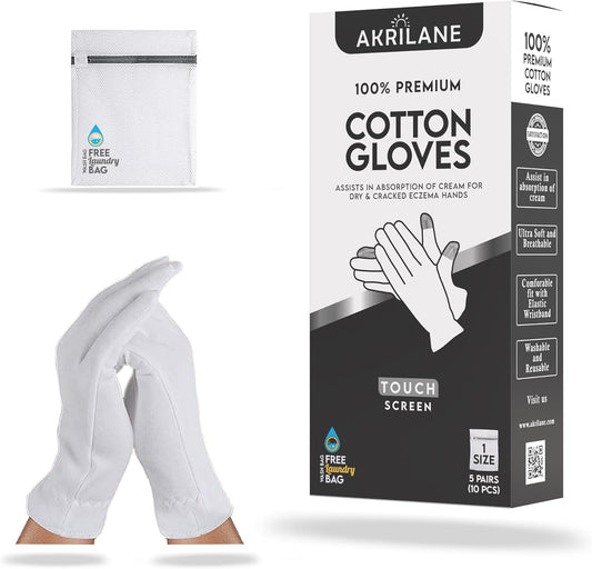 AKRILANE Touch Screen 1 Size Large 5 Pairs Cotton Moisturizing Gloves for Dry Hands | Eczema, Psoriasis & Skin Spa Treatment for Women & Men | Free Laundry Bag