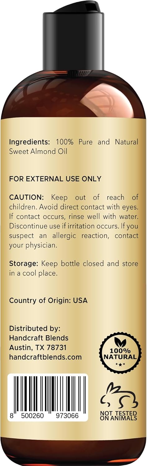 Handcraft Blends Sweet Almond Oil - 8 Fl Oz - 100% Pure and Natural - Premium Grade Carrier Oil for Skin and Hair - Hair and Body - Massage - Hexane-Free