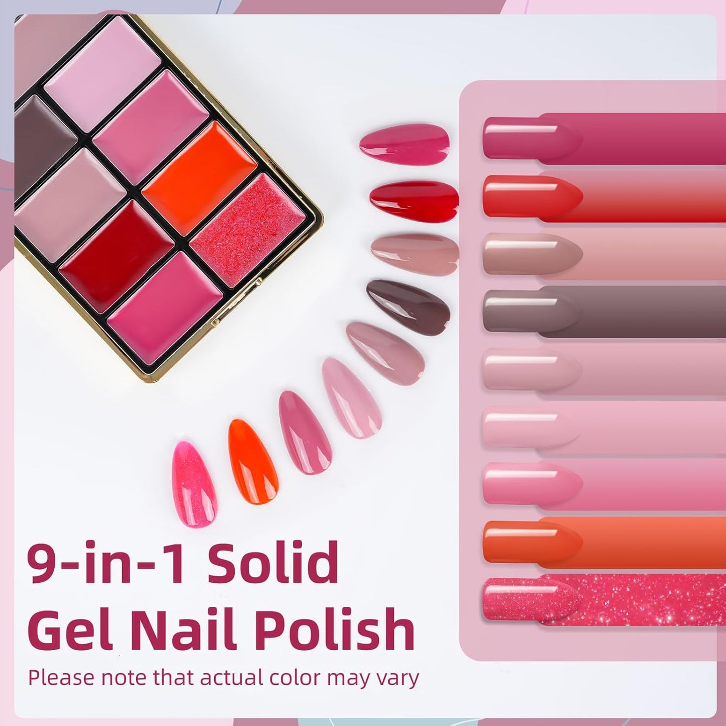 Solid Gel Nail Polish Set, 9 Colors Glitter Pink Red Solid Cream Gel Polish Palette with Brush, Solid Ombre Nail Polish for Women DIY Manicure Art