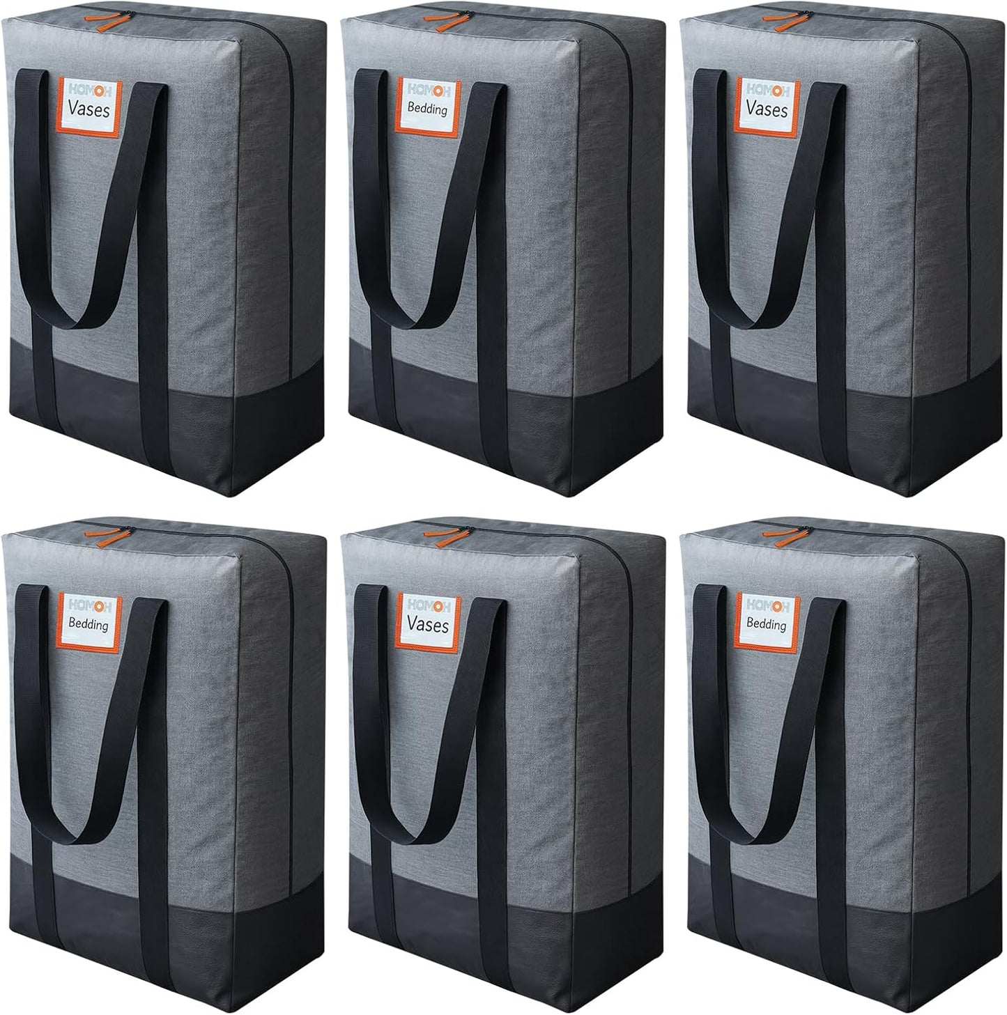 6 Pack Large Moving Bags, Storage Bag with Zipper, Heavy Duty Packing Bags with Internal Compression Straps, Wrap Around Handles, Alternative to Moving Boxes, Grey and Black