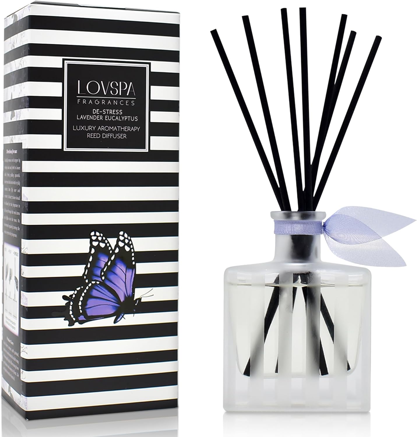 LOVSPA Reed Diffuser Set, DE-Stress Lavender Eucalyptus Scented Oil Diffuser with Sticks, Home Fragrance Accessories for Bathroom Shelf Decor, Aroma Diffusers for Home or Office Desk, USA Made