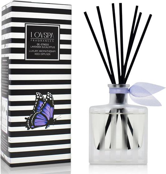 LOVSPA Reed Diffuser Set, DE-Stress Lavender Eucalyptus Scented Oil Diffuser with Sticks, Home Fragrance Accessories for Bathroom Shelf Decor, Aroma Diffusers for Home or Office Desk, USA Made