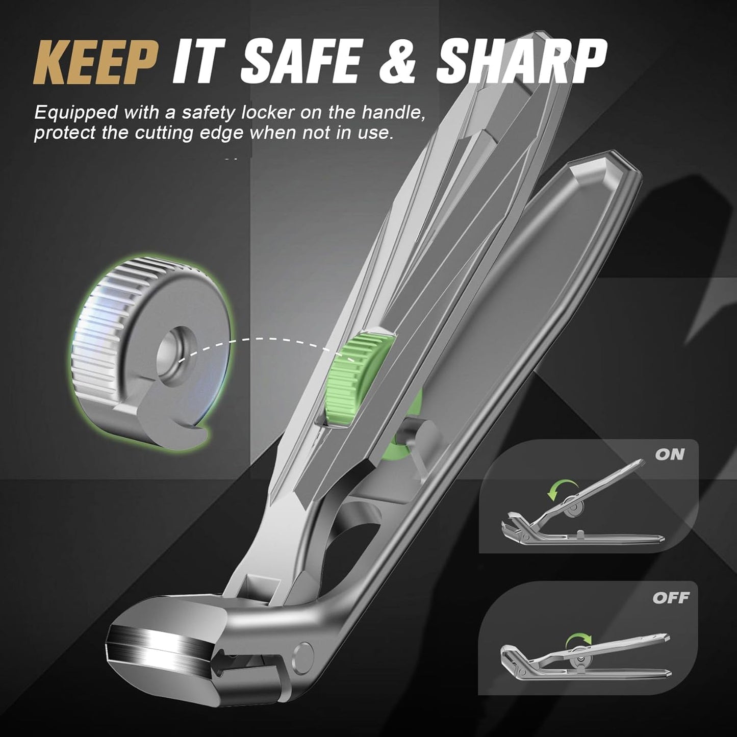 FERYES Curved Head Toe Nail Clippers for Thick Nails for Seniors - Ergonomic Senior-Friendly Finger Nail Clippers with Catcher, Sharp Toenail Clipper for Thick Toenails with Safety Locker (Sliver)