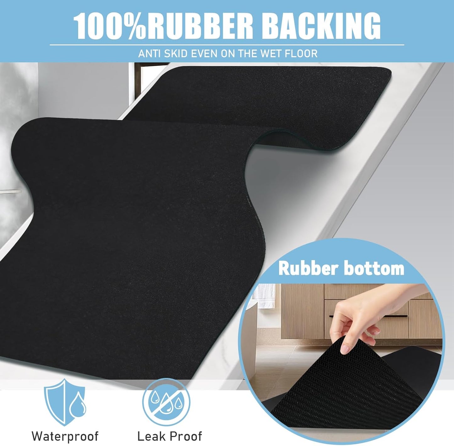 Diatomaceous Earth Bath mat Bathroom Rugs Super Absorbent Quick Dry Non Slip Bath Mat Thin Bathroom Floor Mats Fit Under Door-Shower Rug for in Front of Bathtub Shower, Black, 19.6"x31.5"