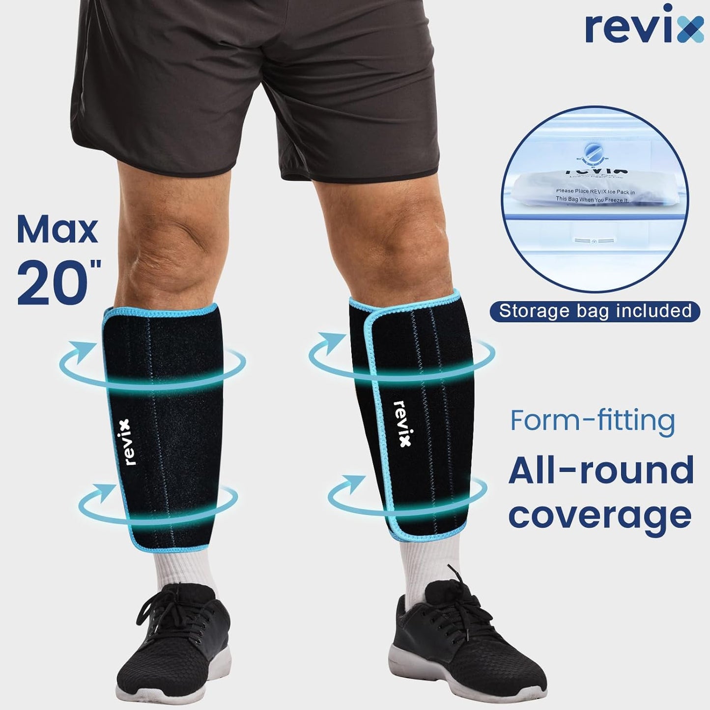 REVIX XL Shin Ice Packs Reusable Gel Cold Pack for Calf Leg Elbow Discomfort Relief, Calf Ice Wrap Cold Therapy Compression Sleeve Promotes Post-Workout Recovery, Set of 2