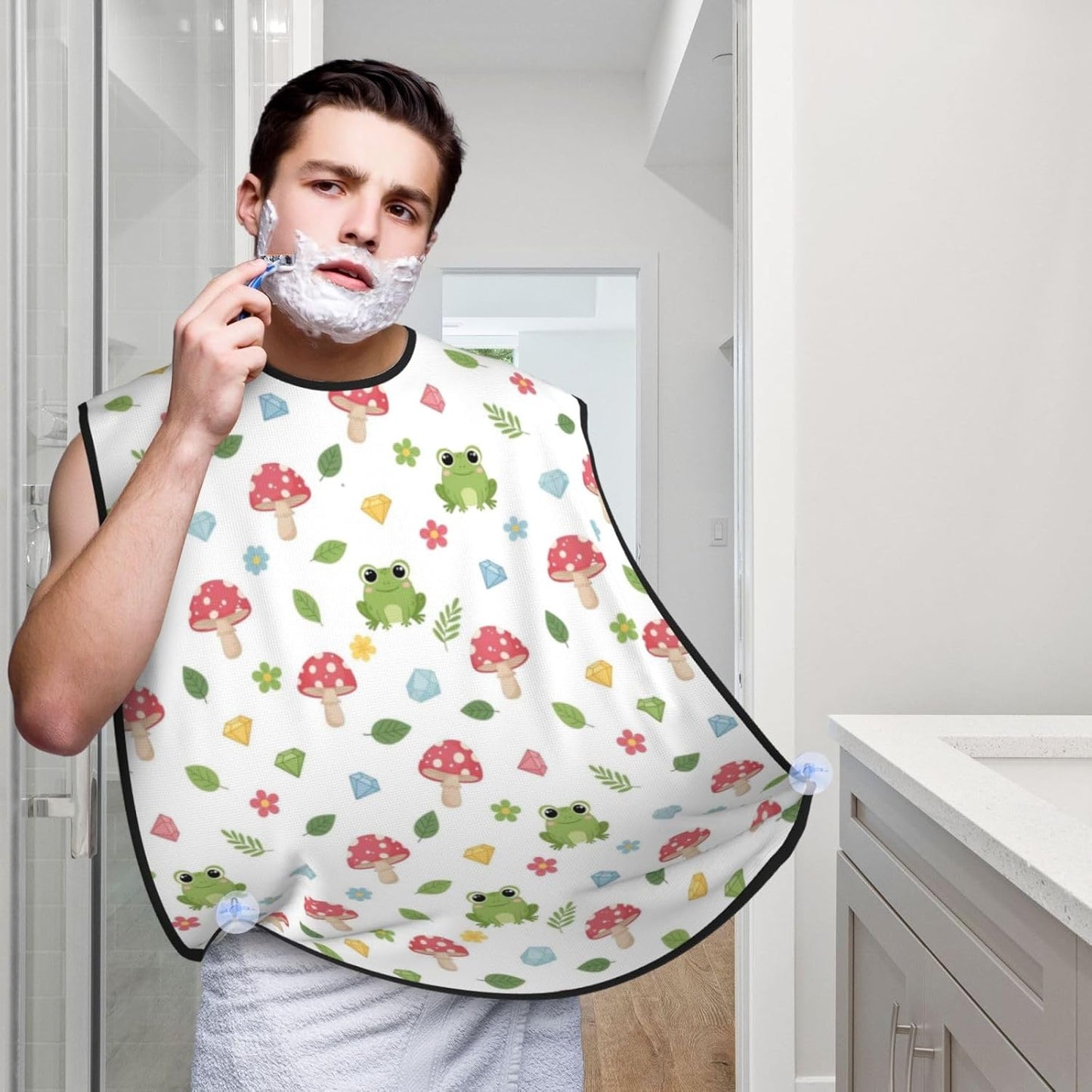 Beard Shaving Cape with Suction Cups, Floral Mushroom Cute Cartoon Green Frog Shave Bib, Non-Stick Waterproof Hair Catcher, Grooming Bib for Men Husband