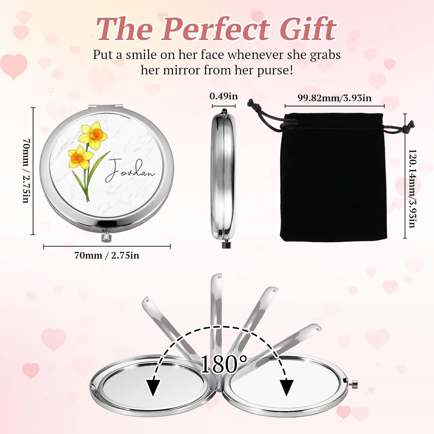 Personalized Compact Mirror for Women, Custom Birth Flower and Name Pocket Mirror, 1X/2X Magnification Travel Makeup Mirror for Purse, Gift for Bridesmaid Wedding Birthday Christmas Mom Friend Sister