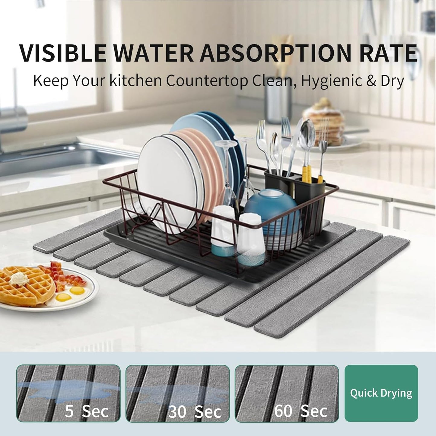 Stone Drying Mat for Kitchen Counter, Collapsible Dish Drying Mat, Fast Drying Diatomaceous Earth Dish Drying Mats, Water Absorbent Diatomite Kitchen Mat