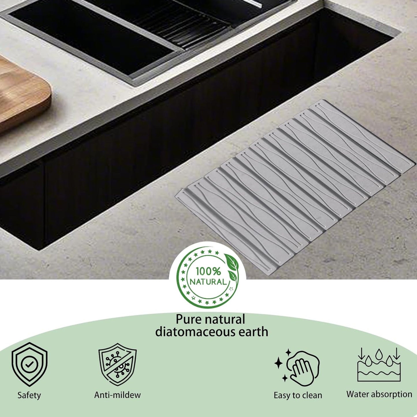 Dish Drying Matt and Foldable Stone Dish Drying Mat, Quick Drying Stone Bath Mat For Kitchen Counter and Sink Use by Dish Rack,Countertop Mat for Mom,Light Grey