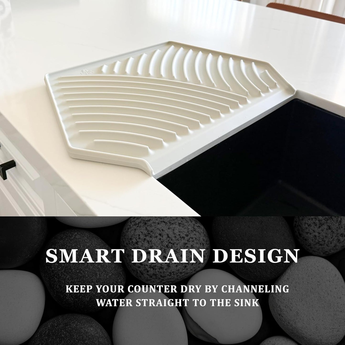 Silicone Dish Drying Mat with Drain, Self-Draining, Heat Resistant & Non-Slip Kitchen Counter Mat, Easy to Clean, Reusable, 19.3'' x 13'', Greige